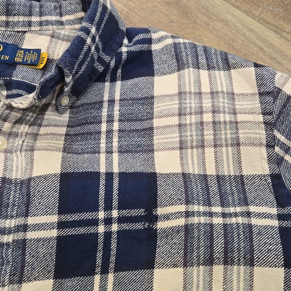 Ralph Lauren Classic Fit Brushed Cotton Navy and Cream Plaid Flannel Shirt - Picture 5 of 9